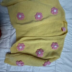 Sunny Yellow Cardigan with Pink Floral Accents